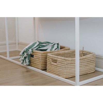 Mo's Crib Small Handcrafted Multi Storage Basket: Round Grass Bin with Cut-Out Handles, 12lb Capacity, Tan, 14"x10"x7"
