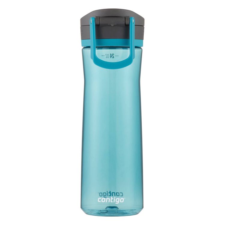 A blue colored water bottle with a gray lid and a handle, labeled "24 oz" and "contigo."