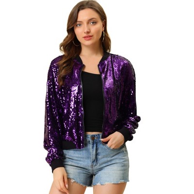 Allegra K Women's Sequin Sparkle Long Sleeve Zipper Bomber Jacket Purple  Small