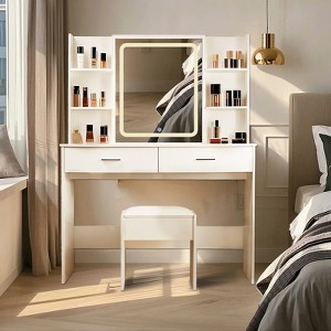 Vanity Desk with Mirror and Lights, Makeup Vanity with 2 Drawers and 6 Storage Shelves, 3 Lighting Modes Adjustable - 1 of 4