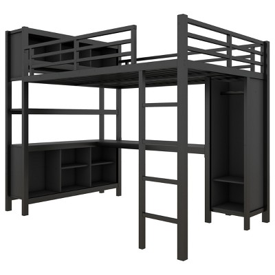TopComfy Beds Metal Loft Bed with Wardrobe and L Shaped Desk Full Size with Storage Cubes and Shelves for Bedroom, Black, 55.9"*75.4"*217.16"