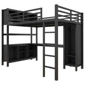 TopComfy Beds Metal Loft Bed with Wardrobe and L Shaped Desk Full Size with Storage Cubes and Shelves for Bedroom, Black, 55.9"*75.4"*217.16" - 1 of 4