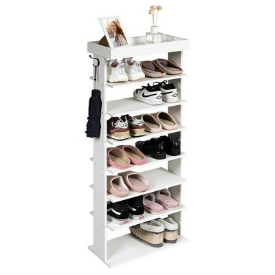Costway 7-Tier Shoe Rack Vertical Design Wooden Shoe Storage Shelf w/Hooks White