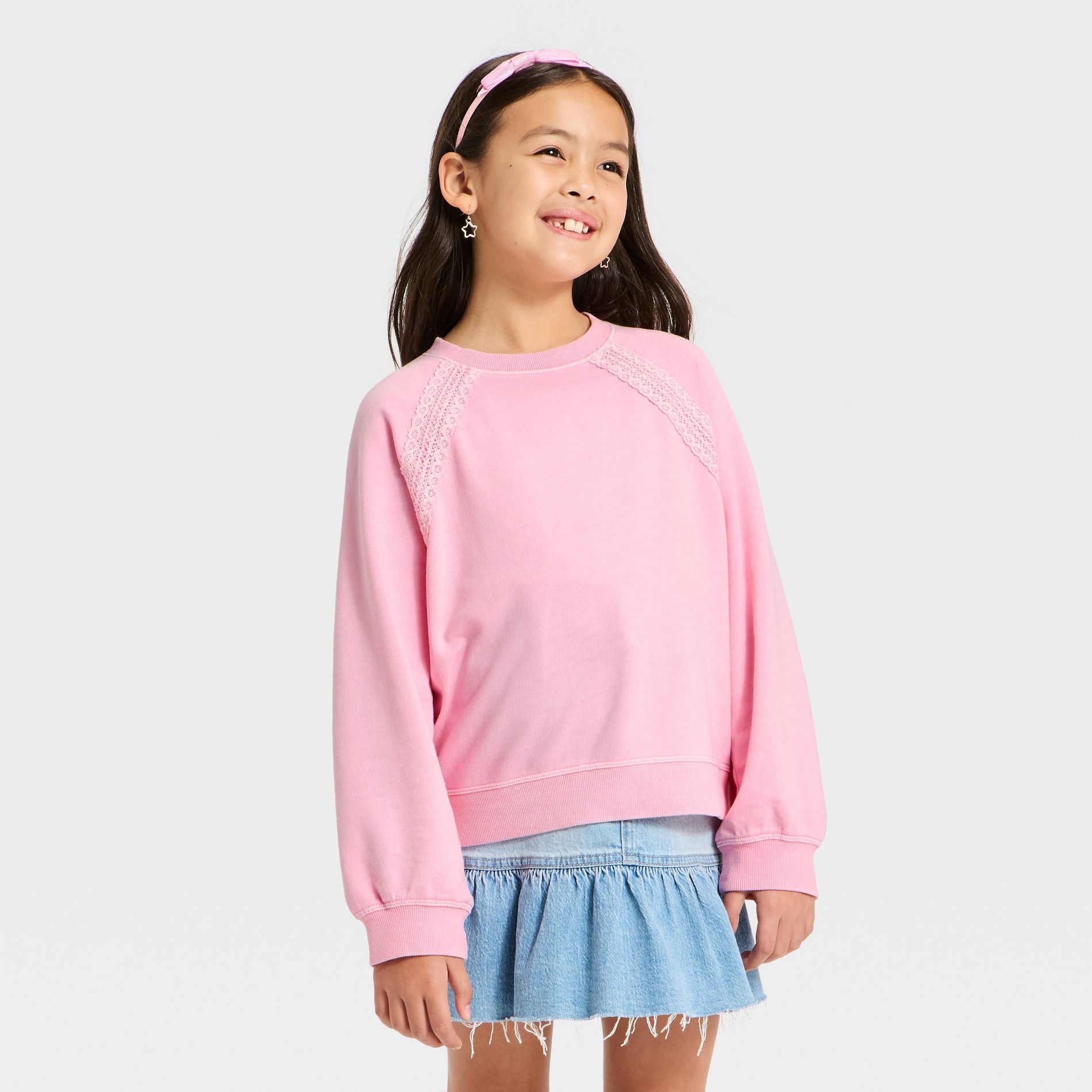 Girls' Lace Trim French Terry Pullover Sweatshirt - Cat & Jack™ Pink L