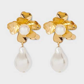 Flower Post With Pearl Fringe Dangle Earrings - Gold/Ivory