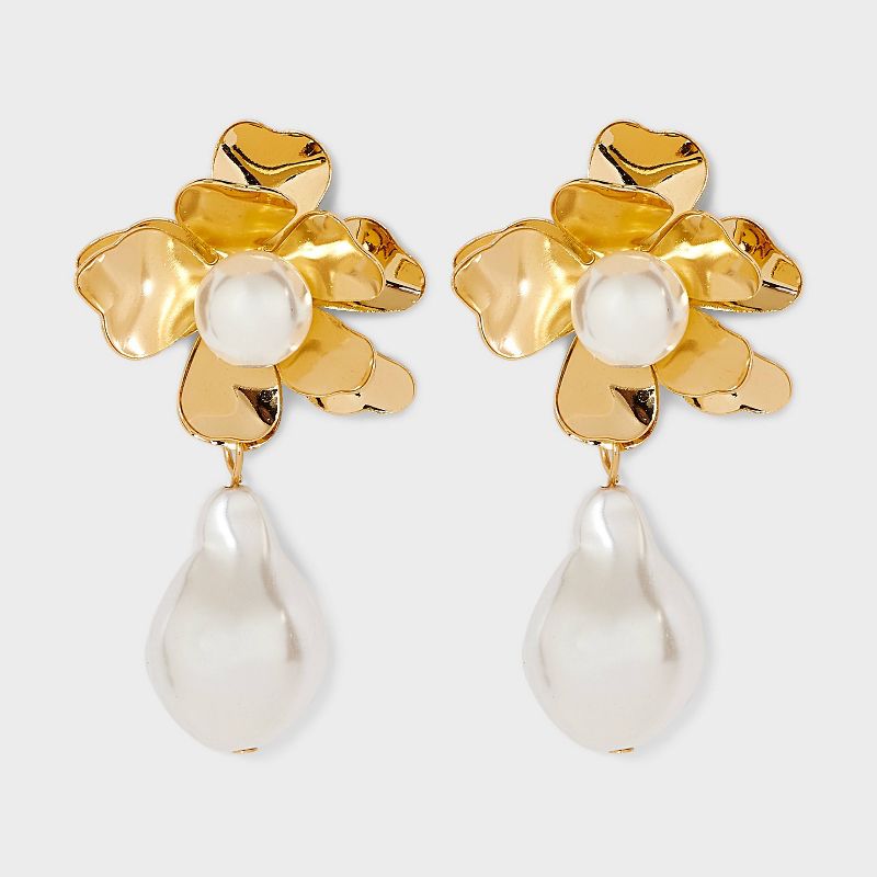 Flower Post With Pearl Fringe Dangle Earrings - Gold/Ivory, 1 of 3