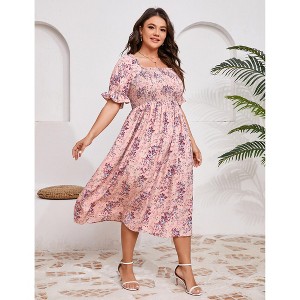 Plus Size Puff Sleeve Smocked Summer Midi Dress - 1 of 3