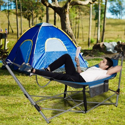 Blue Folding Hammock with Iron Stand and Side Pocket