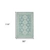 Aqua And Ivory Wool Oriental Hand Hooked Area Rug - 3 of 4