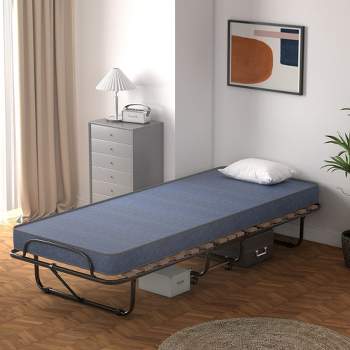 Costway Portable Folding Bed with Mattress Rollaway Cot Made In Italy Navy\Beige