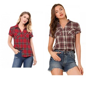 Allegra K Women's Classic Short Sleeve Button Down Plaid Shirt 2 Pcs - 1 of 4