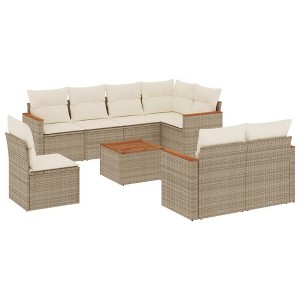 vidaXL 9 Piece Patio Sofa Set with Cushions Beige Poly Rattan - With Table - 1 of 4