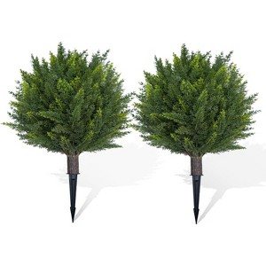 Set of 2 Artificial Cedar Topiary Trees 24" - UV Resistant Faux Cypress Shrubs w/ Ground Spikes for Porch & Garden Decor - 1 of 4