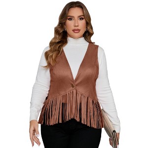 Whizmax Women's Plus Size Fringe Vest Faux Suede Rivets Sleeveless Tassel Jacket - 1 of 4