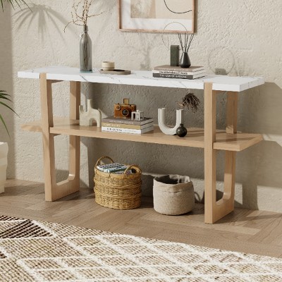 Lyngins Narrow Console Table with Marble-Effect Top & Lower Shelf, Rubber Wood Frame, Retro Entryway Table, Sofa Table for Entryway/Hallway