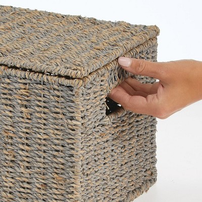 Gray Seagrass Rectangular Storage Baskets with Lids, Set of 3