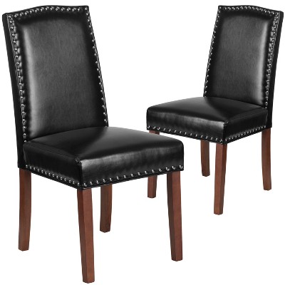 Emma and Oliver 2 Pack Black LeatherSoft Parsons Chair - Panel Stitch and Silver Accent Nail Trim