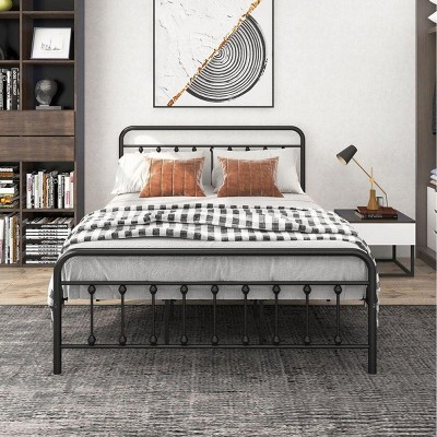 Streamdale Metal Bed Frame Queen Size Platform No Box Spring Needed With Vintage Headboard And Footboard, Black