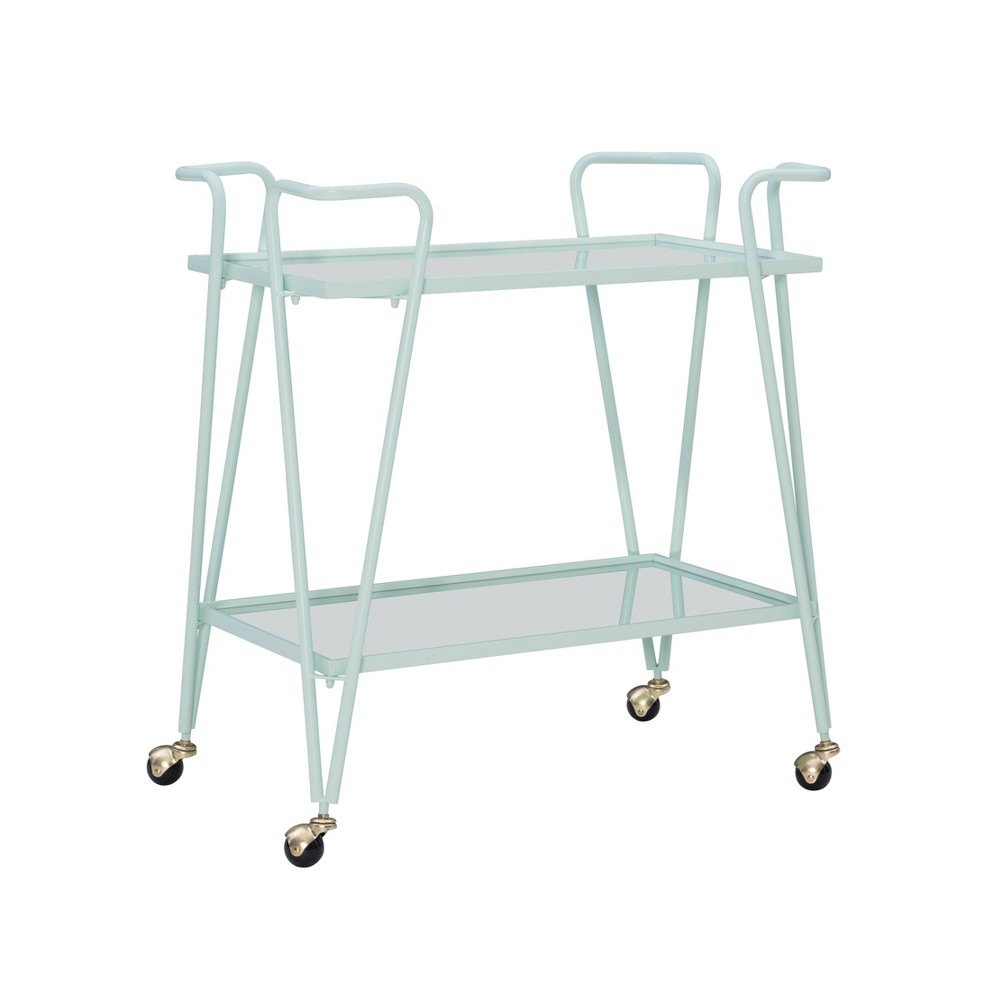 Linon Mid-Century Modern Iron Frame 2 Mirrored Glass Shelves Locking Wheels Bar Cart Mint: Steel Construction, Indoor Use