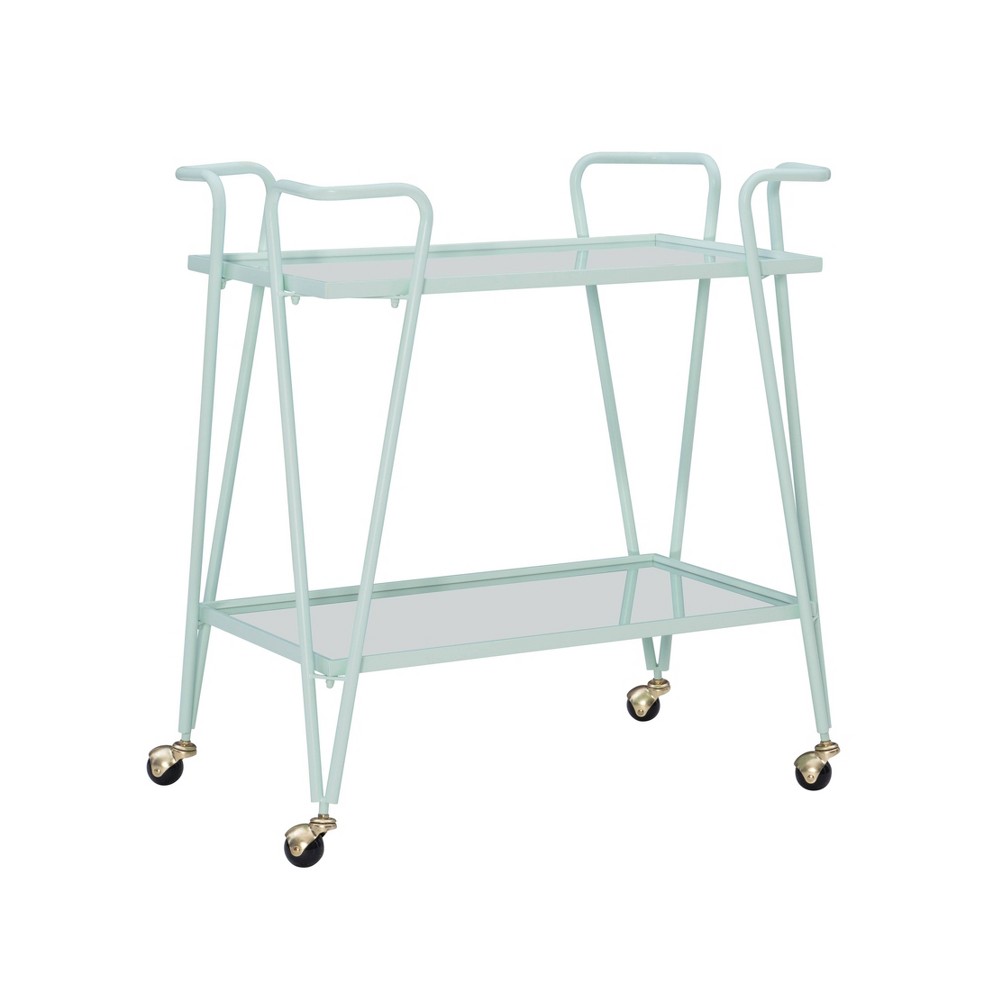 Photos - Kitchen System Linon Mid-Century Modern Iron Frame 2 Mirrored Glass Shelves Locking Wheels Bar Cart Mint: Steel Construction, Indoor Use 