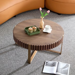 ALEXOUN 31.5 Inch Round Wood Coffee Table - Stylish Vertical Texture Relief,Easy to Use & Metal Cross Base,for Living Room,Bedroom,Home Office - 1 of 4