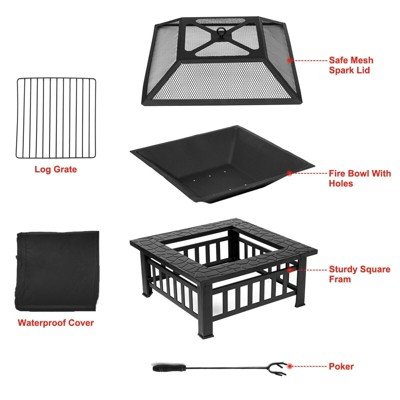 32-Inch Black Square Metal Wood Burning Fire Pit Table