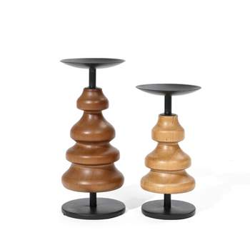 LuxenHome 2-Piece Birch Wood with Metal Pillar Candle Holder Set Brown