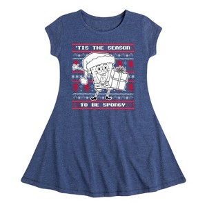 Girls' - SpongeBob SquarePants - Spongebob Xmas Sweater Fit & Flair Cap Sleeve Dress - 1 of 4