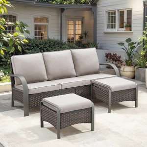 POCASSY 3 PCS Patio Sofa Set with Ottoman, Patio Furniture Set with Metal Armrest, All Weather Wicker and Olefin Cushion Cover, High Back Sofa Couch - 1 of 4
