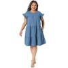 Women's Plus Size Crew Neck Ruffle Sleeve Babydoll Flowy Swing Pleated Summer Casual Midi Jean Denim Dresses with Pockets- Agnes Orinda - 3 of 4