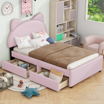 NicBex Twin/Full Size Upholstered Platform Bed with Cartoon Ears Shaped Headboard and 2 Drawers for Kids Teens Adults