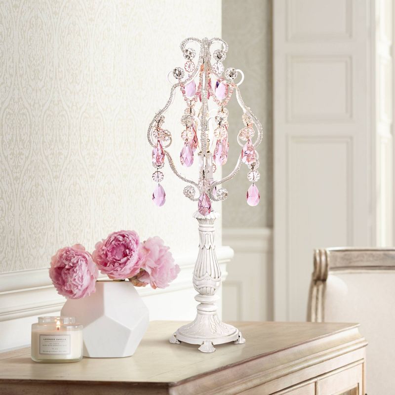 Regency Hill Traditional Chandelier Accent Table Lamp 19 1/2" High Antique White Pink Clear Faux Crystal for Living Room Bedroom, 2 of 7