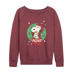 Women's - Peanuts - Merry Christmas Snoopy Lightweight French Terry Wide Neck Long Sleeve Graphic Shirt - 1 of 4