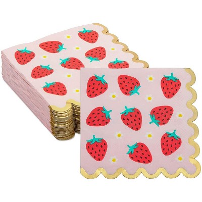 Sparkle and Bash 50 Packs Strawberry Scalloped Paper Party Napkins with Gold Foil, 5"