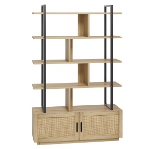 71.1 Inch Height 5-Tier Rattan Bookshelf with Storage and Open Display Shelves - Industrial Bookcase with Metal Frame for Living Room, Bedroom - 1 of 4