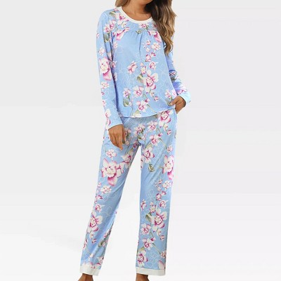 Womens Pajama Sets Round Neck Pajama Tops with Pant Side Pocket Pajama Pants Floral/Leopard Pajamas Long Sleeve Sleepwear