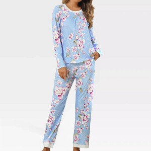 Womens Pajama Sets Round Neck Pajama Tops with Pant Side Pocket Pajama Pants Floral/Leopard Pajamas Long Sleeve Sleepwear - 1 of 4