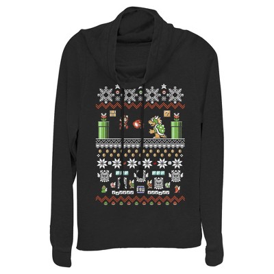Juniors Womens Nintendo Ugly Christmas Mario and Bowser Cowl Neck Sweatshirt