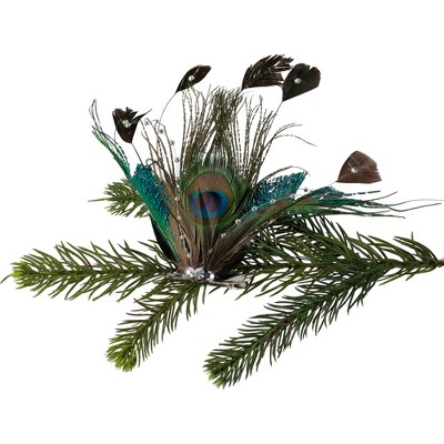 Peacock Feather Clip-On Ornament with Faux Crystals and Beads