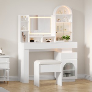 Makeup Vanity Desk with Mirror and Lights, Dressing Table with 3 Drawers and 11 Storage Shelves, Large Makeup Vanity Set with Mirror & Stool - 1 of 4