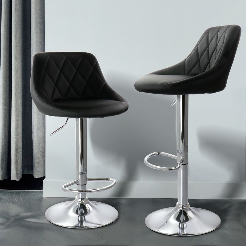 Elama 2 Piece Diamond Stitched Faux Leather Bar Stool in Black with Chrome Base and Adjustable Height, 3 of 12