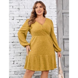 Coolmee Women Plus Size Casual V-Neck Long Sleeve Layered Loose Flowy Mini Dress With Pocket - 1 of 4