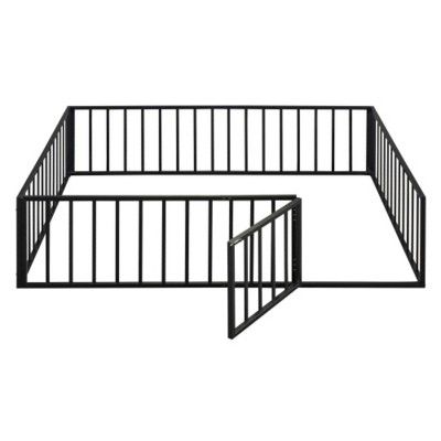 Queen-Size Metal Bed Frame with Enclosing Fence and Door Design