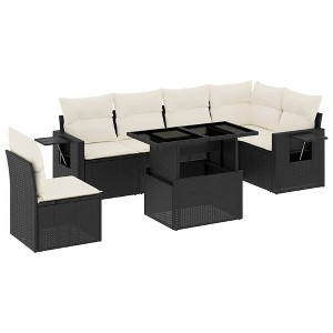 vidaXL 7 Piece Patio Sofa Set with Cushions Black and Cream Poly Rattan - 1 of 4