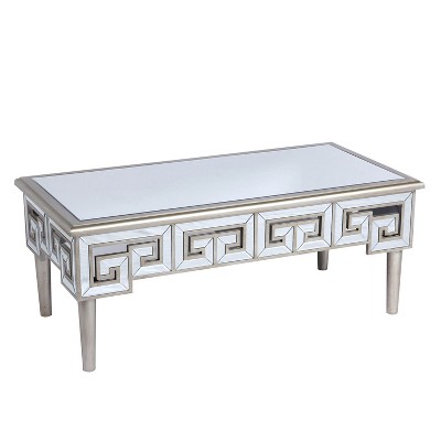 Wallace & Bay 47 Inch Mirror Top Rectangle Accent Coffee Table with Greek Style Key Pattern and Beveled Mirror Finish, Champagne