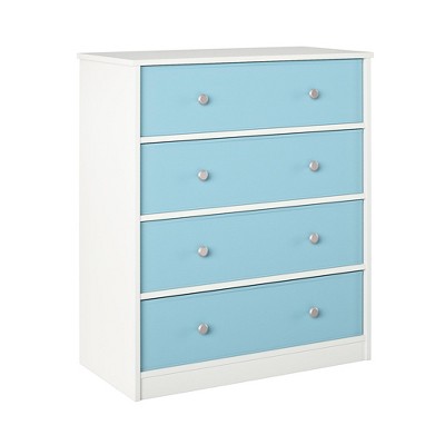 White and Light Blue Tall Nursery Dresser with Fabric Bins