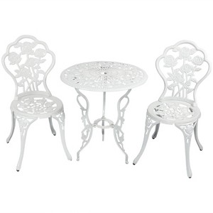 Sunnydaze Flower Design Cast Aluminum Bistro Set with Cast Iron Legs, White, 3pc - 1 of 4