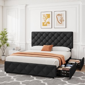 Bed Frame with 4 Storage Drawers, Linen Upholstered Platform Bed Frame with Adjustable Headboard, Diamond Stitched Button Tufted, Black - 1 of 4
