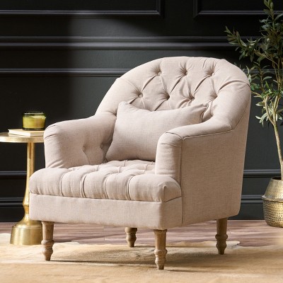 Modern Tufted Upholstered Accent Chair with High Back and Turned Oak Wood Legs for Living Room Bedroom-Baofuwish