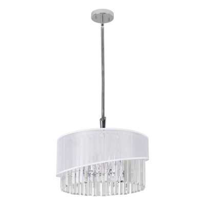 PAKOKULA Modern 6-Light Silver Drum Glam Chandelier with Geometric Clear Crystals and White Fabric Shade for Dining Room